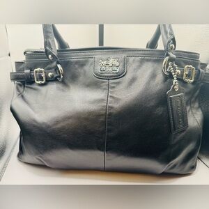 Authentic Vintage Coach- Black leather handbag with purple satin lining